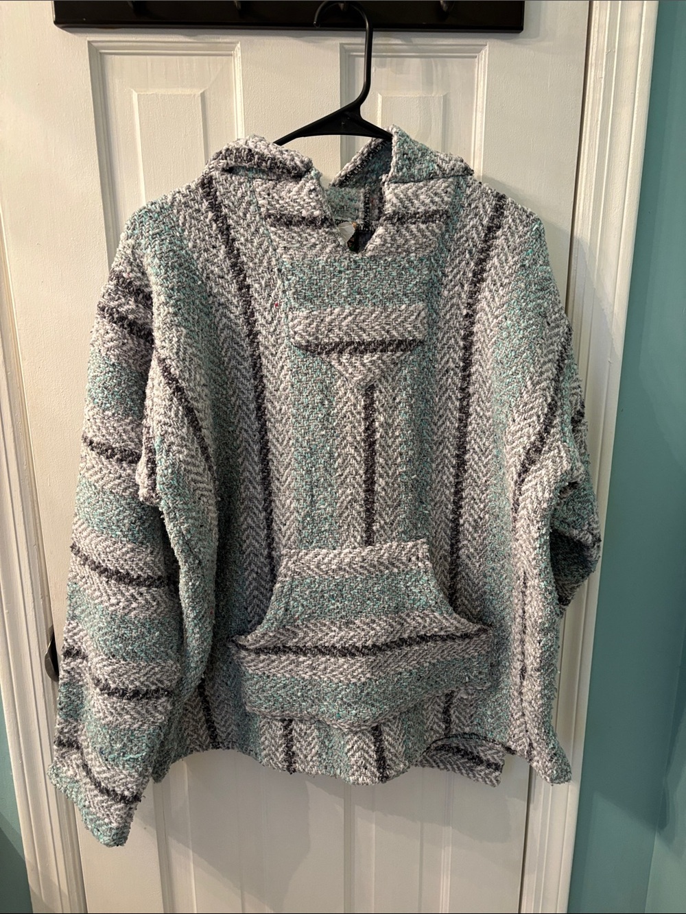 Men's Hooded Crewneck Baja Sweater in Teal and Gray
